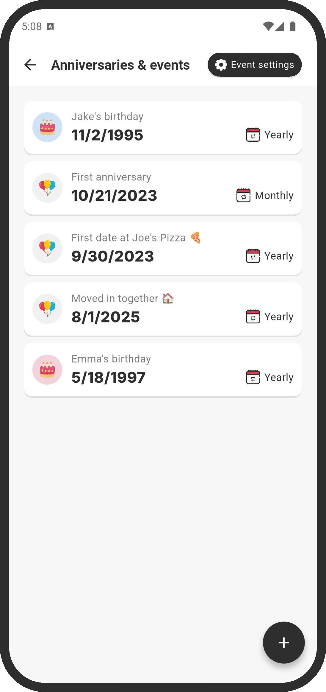 Anniversaries page