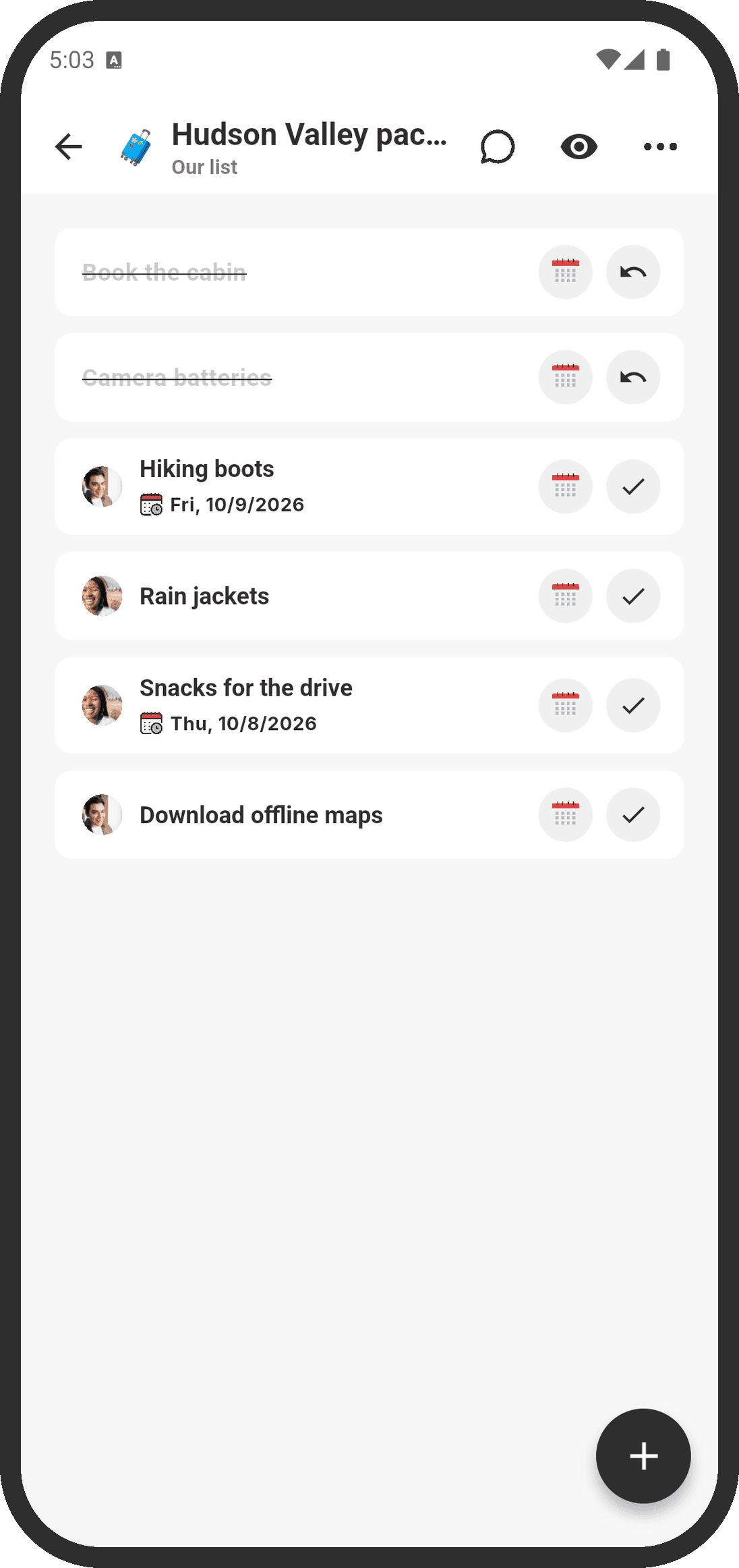 Managing tasks in a list